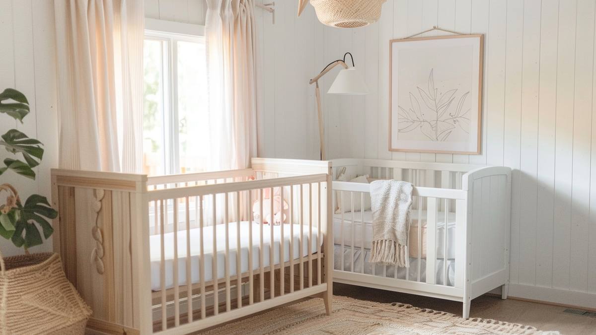 Chambre de bébé lumineuse avec lit à barreaux en bois et décoration pastel