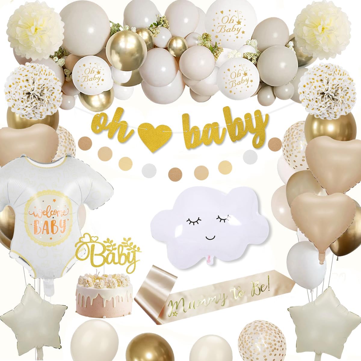 Kit Décoration Baby Shower Or et Blanc - Ballons, Bannière, Écharpe Maman